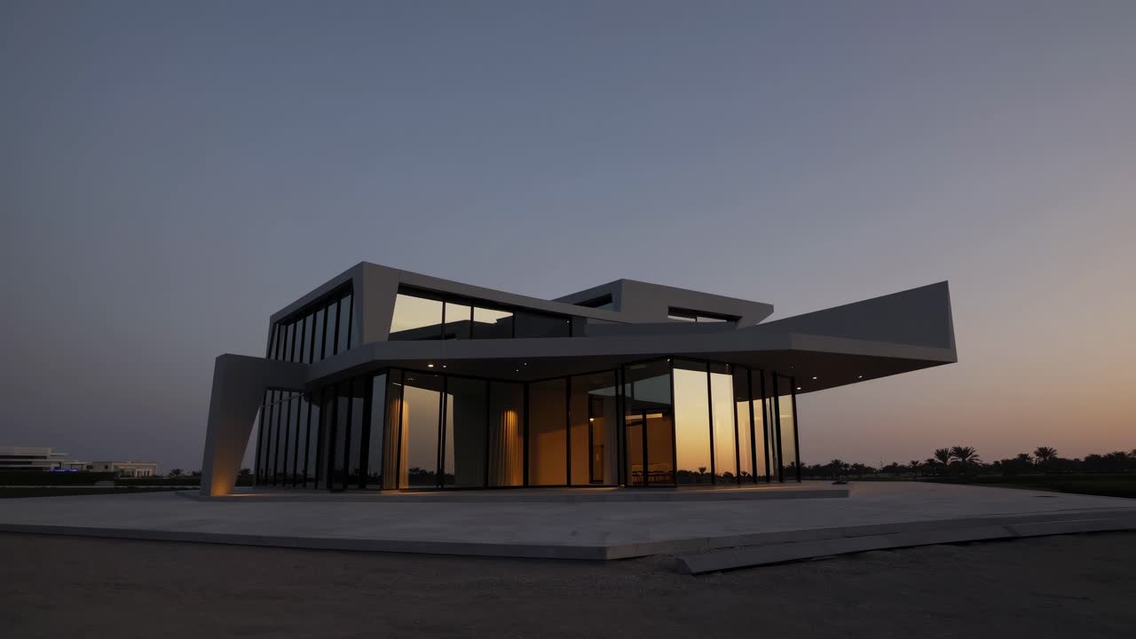 Modern architectural masterpiece showcases innovative design and striking angles, transitioning from daylight to twilight in a captivating visual narrative