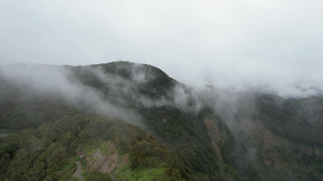 라 고메라 섬 에서 구름 이 회전 하는 높은, 초록색 산꼭대기 들 을 드러내는 길 의 새 들 의 눈 으로 볼 수 있는 모습