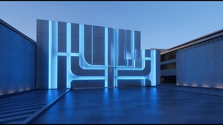 Moderne bygningsfacade med glødende blå geometrisk LED-belysning