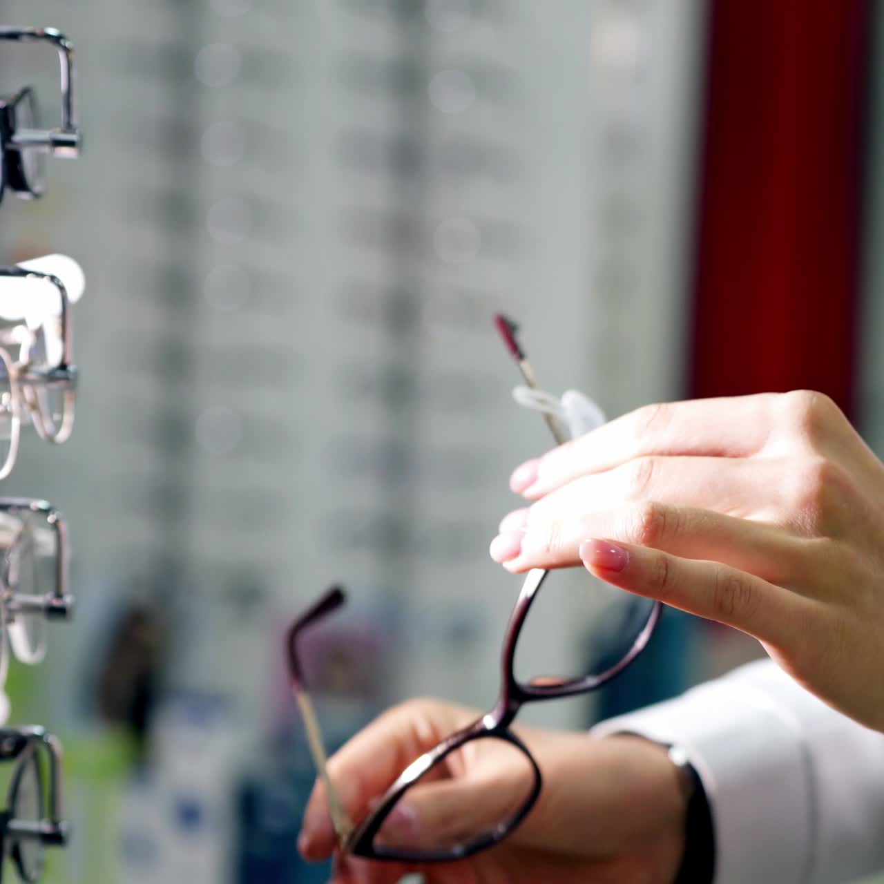 Female customer at optical store. Woman's hands taking a new pair of stylish eyeglasses from the stand. Close-up. Vision concept.