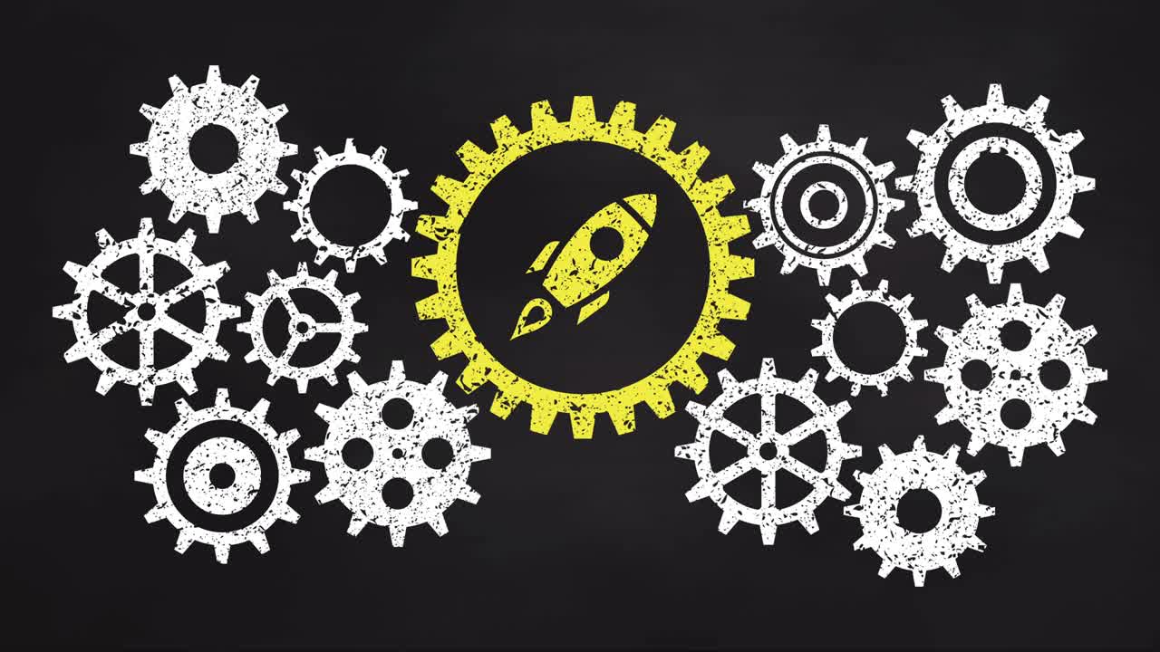 concepto de mecanismo de engranajes de negocio en la pizarra. icono de cohete amarillo.