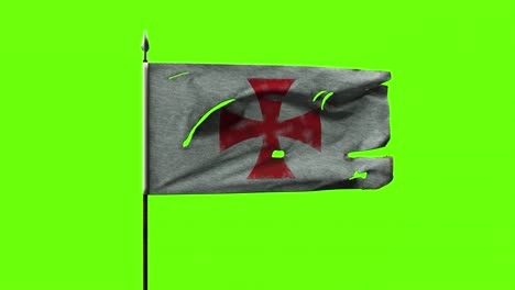 old torn knight war banner on the spear. damaged templar flag on the green screen