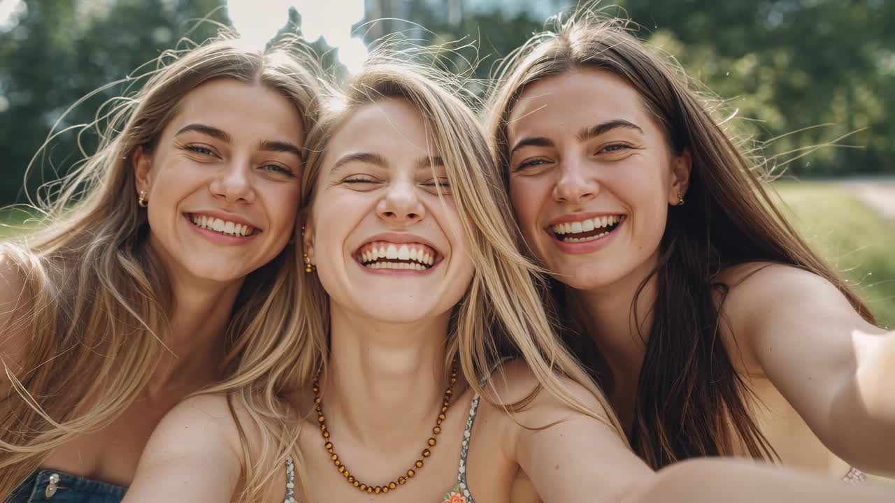 Três mulheres vestindo blusas de verão estendem o braço, posando para uma selfie em um parque, mostrando o telefone e um colar.