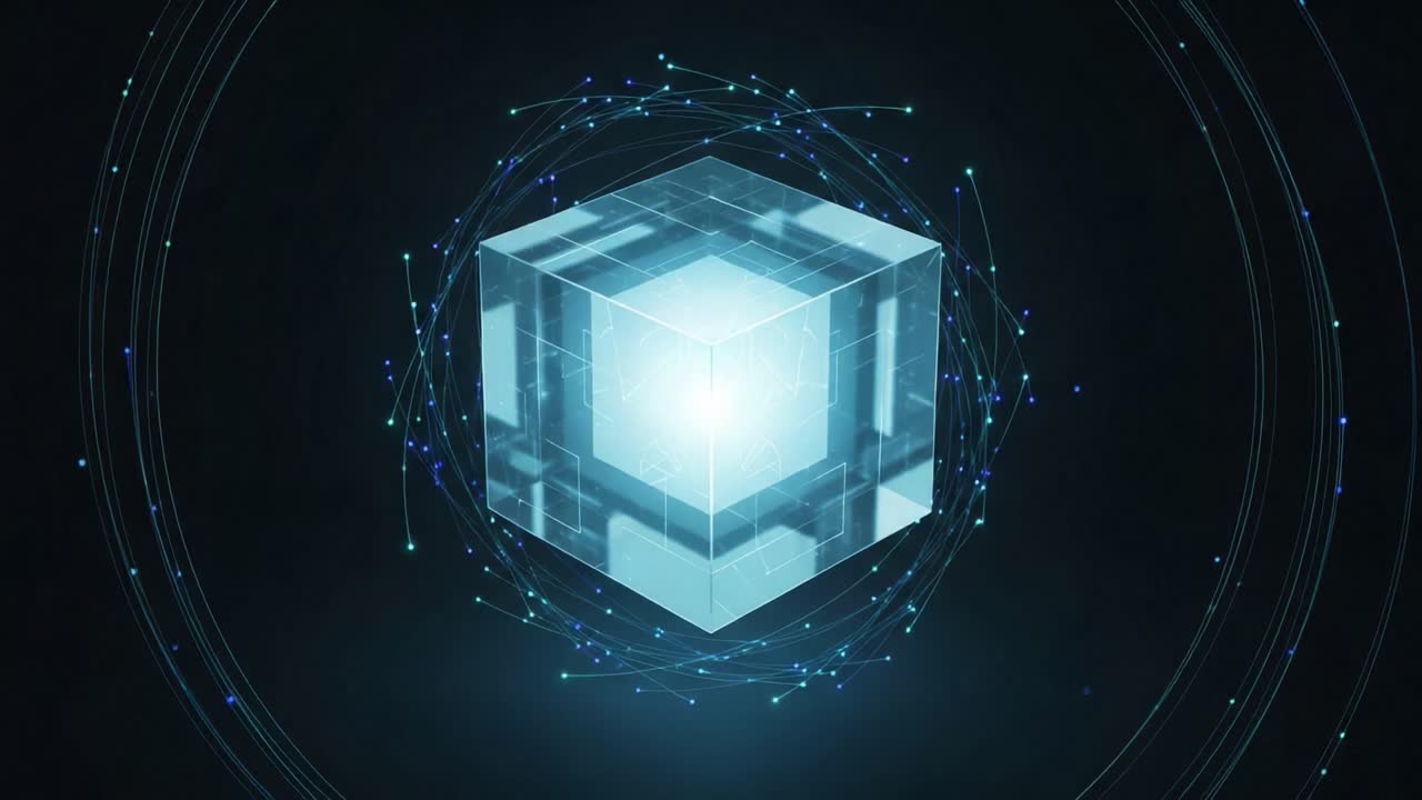 A Futuristic Representation of a Transparent Cube Surrounded by Pulsating Particles, Illustrating Concepts of Light, Energy, and Digital Innovation in a Modern Abstract Environment