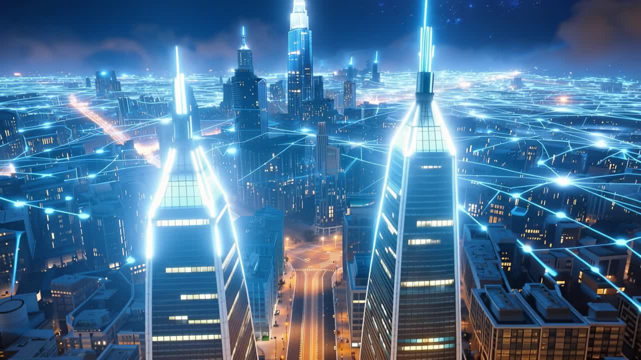A Stunning Aerial View of a Futuristic City at Night, Illuminated by Dynamic Light Trails Representing Connectivity and Digital Networks Across Urban Landscapes