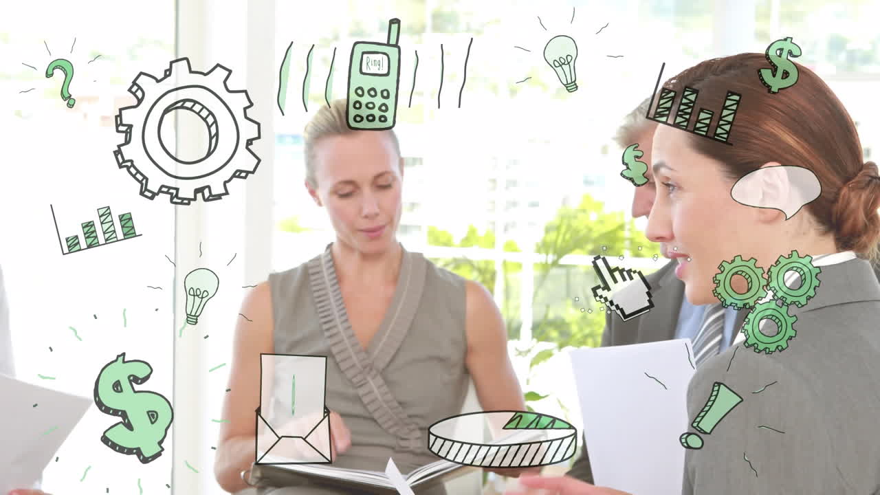 анимация икон и обработка данных над деловыми людьми, работающими в офисе