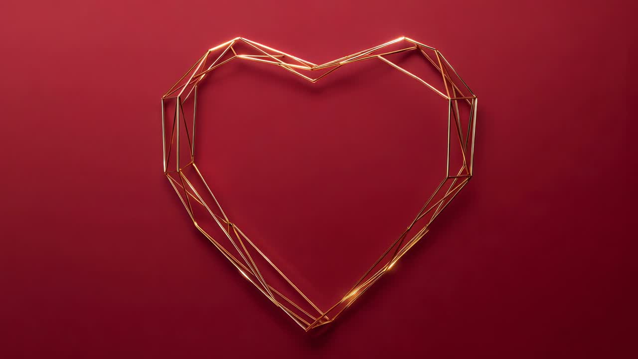 Sequenza iniziale di creazione di un cuore con filo d'oro con cornice, che forma sfaccettature su sfondo rosso in studio, luce