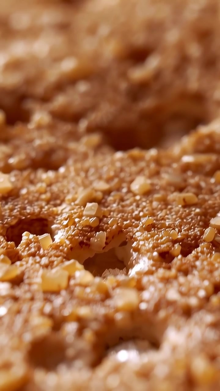 Vidéo verticale : Caméra en mouvement révélant une garniture croustillante en prise de vue macro, avec des granules pour la texture.