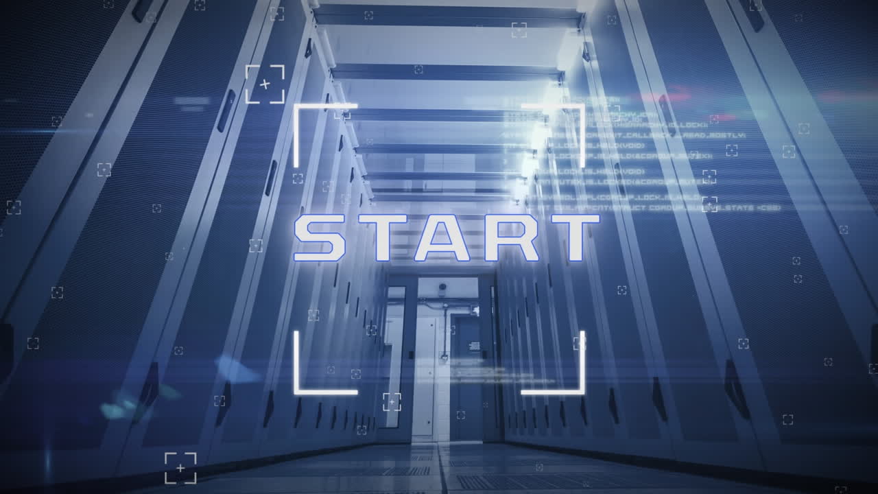 スコープスキャンのアニメーション スタートテキストバナーとコンピュータサーバールームに対するデータ処理