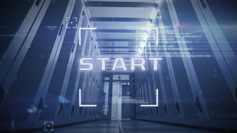 animation of scope scanning over start text banner and data processing against computer server room