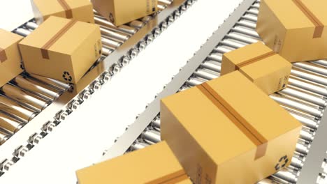 cardboard boxes progresses along conveyor belt loopable animation. cardboard boxes on conveyor belt. 4k animation