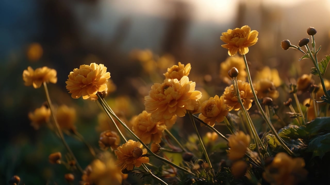 Una vivace esposizione di fiori gialli in fiore illuminati da una luce solare soffusa, che crea un'atmosfera calda e invitante in un ambiente naturale al crepuscolo.