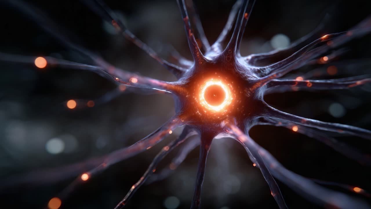 Close-up of a glowing neuron showcasing its intricate structure and vibrant connections, highlighting the beauty and complexity of neural pathways in the brain