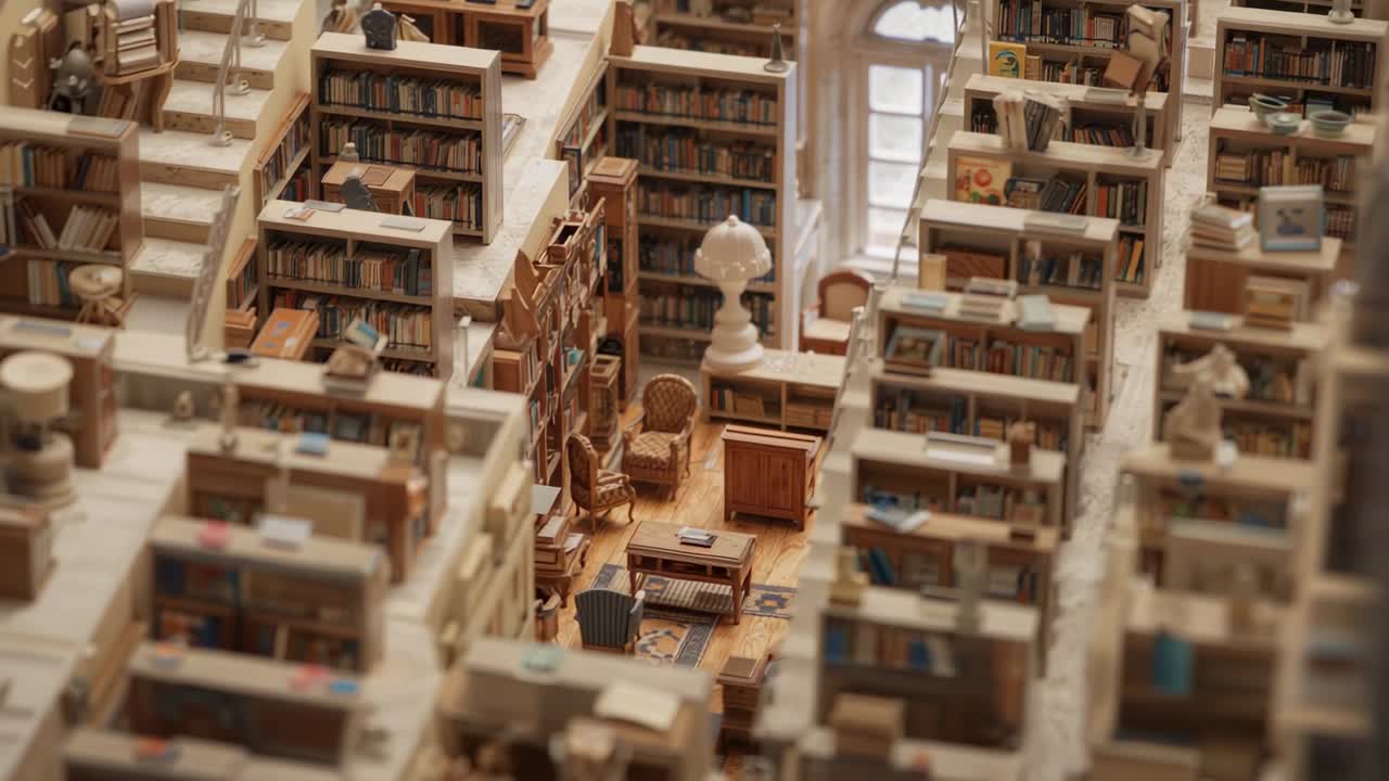 La telecamera si allontana rivelando più corridoi in un angolo di biblioteca modello con scaffali, scrivania, scale, finestra.