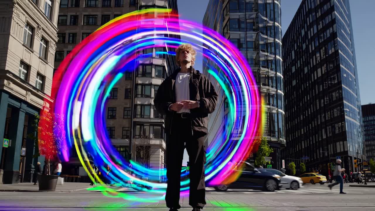A man stands in a cityscape surrounded by colorful light trails