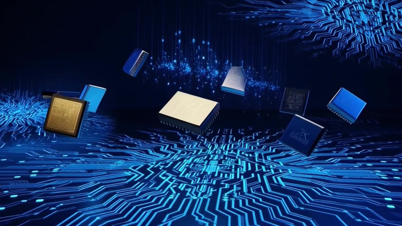 Computer Microchips Floating Above Digital Circuit Board Background