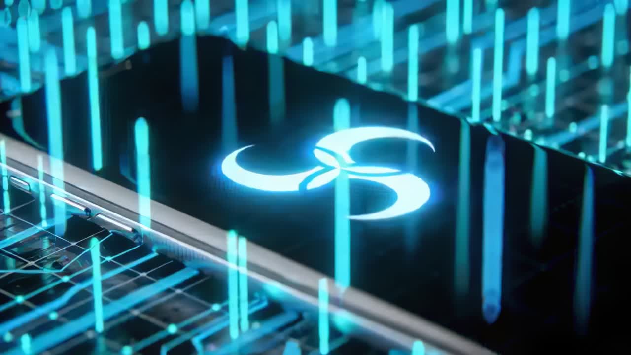 Scanning phone on circuit-board grid, cyan emblem pulsing with bars rising and initiating data scan