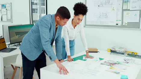 man, woman and fist bump in architecture blueprint