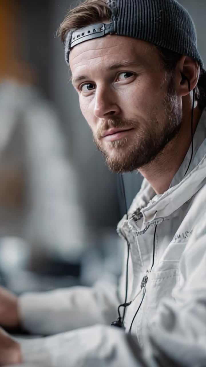 Focused Individual Engaging in Creative Work: A Character Study of a Male in Casual Attire with Earphones Concentrating on His Task