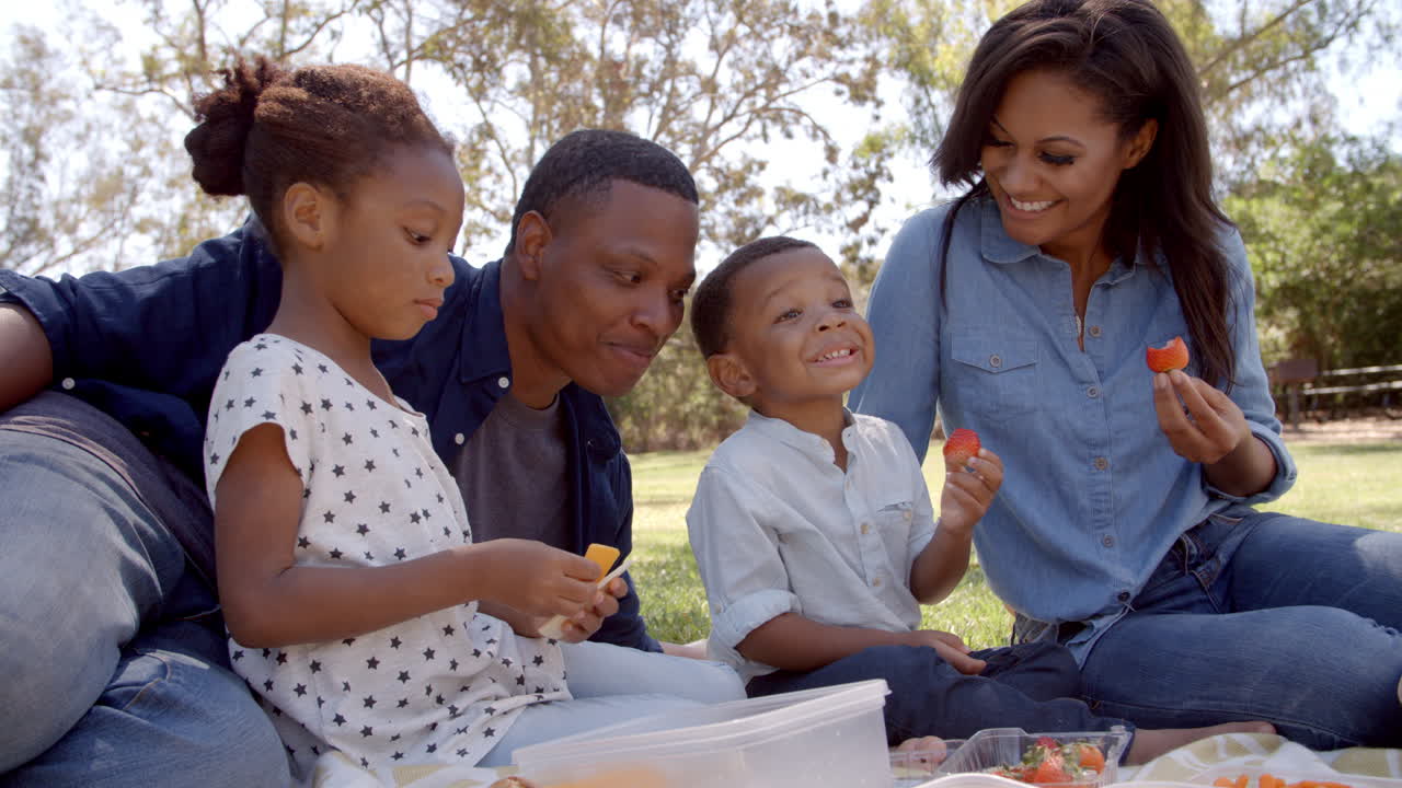 Parents and two children enjoying picnic in park, low angle