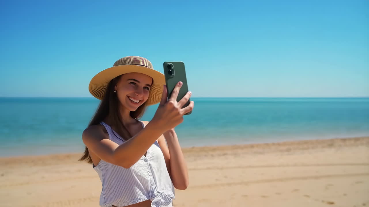 Smiling Woman Taking Selfie on a Sunny Beach Vacation