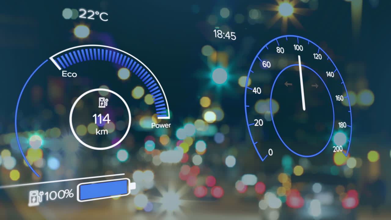 도시를 가로지르는 전기 자동차 속도계 데이터 처리 애니메이션