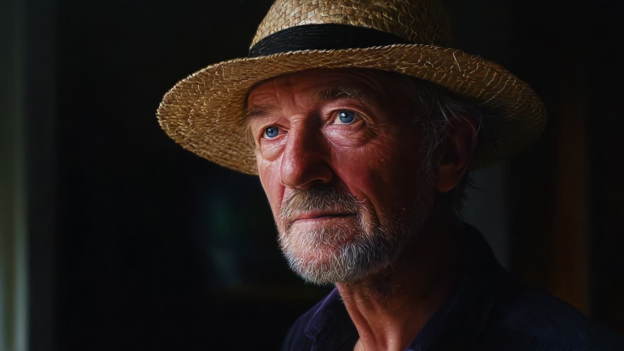 Captivating Portrait of a Thoughtful Senior Man in a Straw Hat, Illuminated by Soft Natural Light, Reflecting a Lifetime of Experience and Stories Waiting to be Told in a Quiet Room