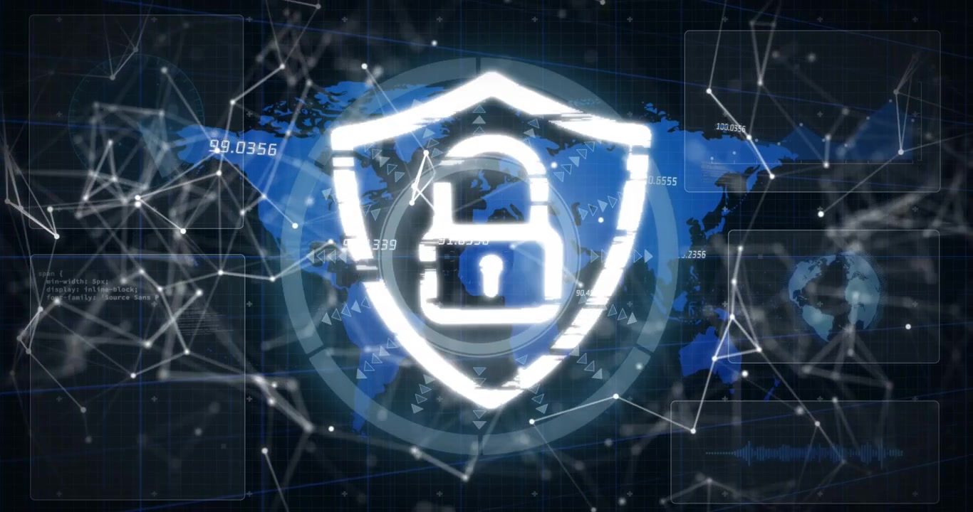 Animation of connections, word map and digital shield with padlock on black background