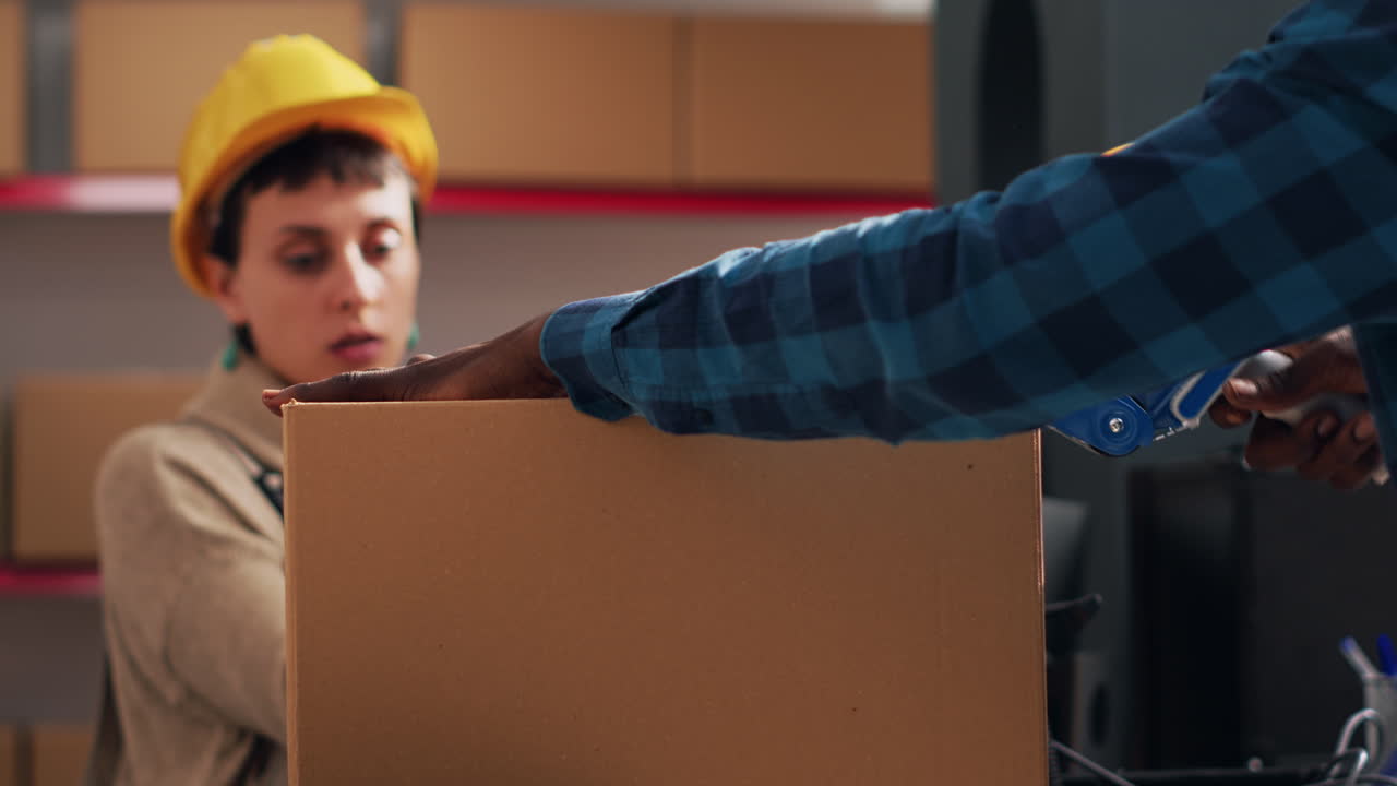 Warehouse workers packaging boxes