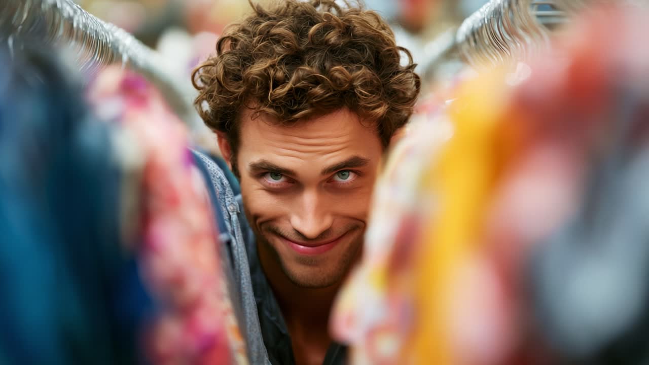 A Playful Encounter in a Colorful Clothing Rack: A Young Man with Enchanting Curls Smiles Mischievously from Between the Hangers, Showcasing a Joyful Moment in Fashion Exploration
