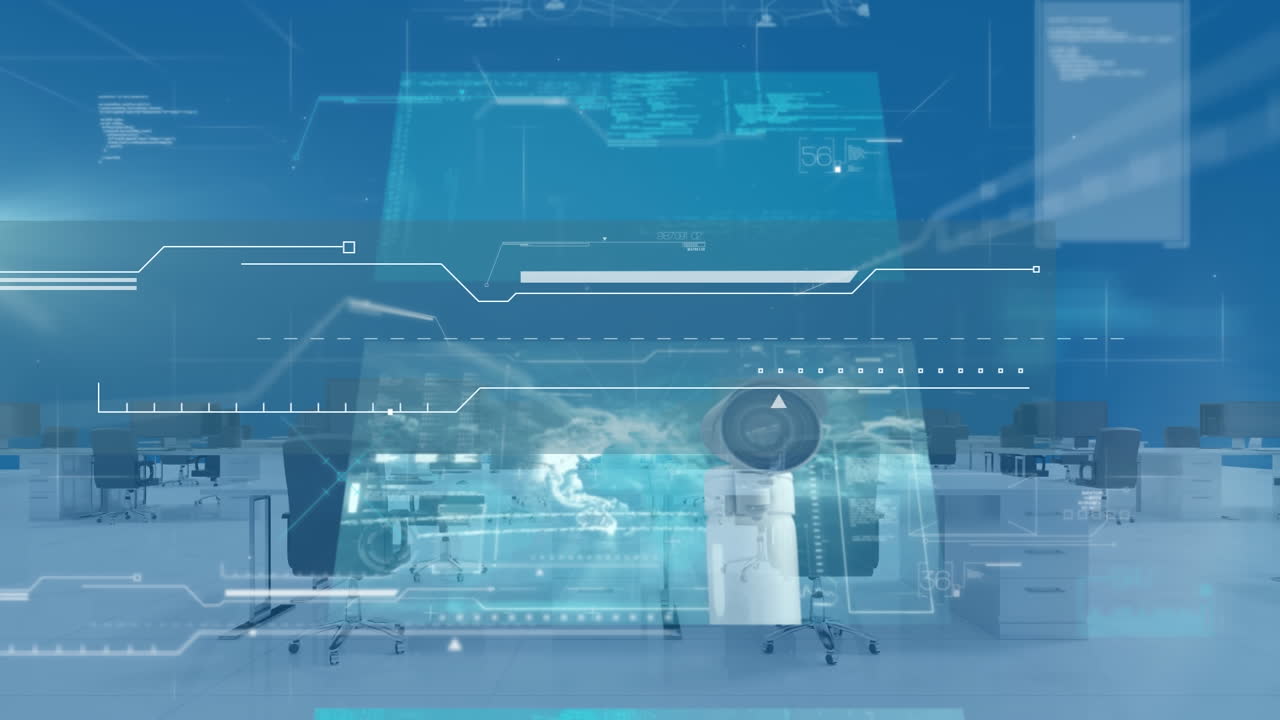 Animation of data processing on screens over empty office