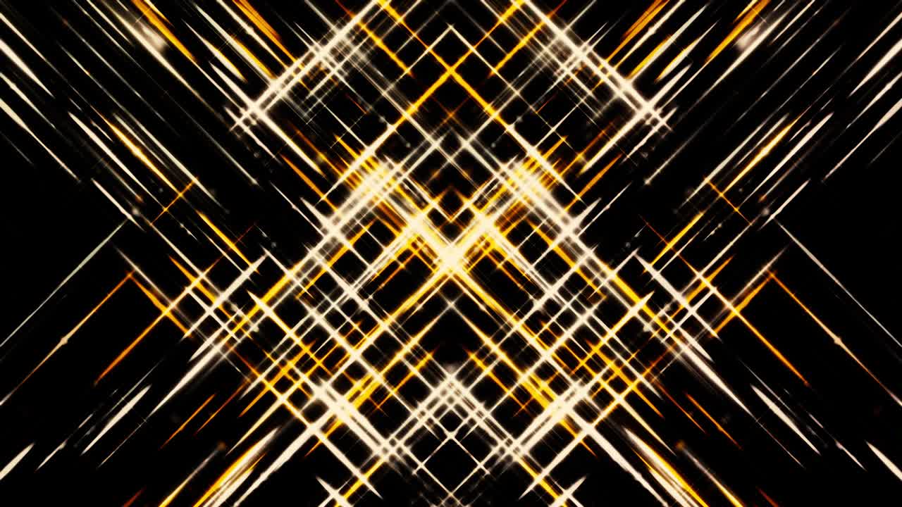 Abstract flows of glowing white and golden segments crossing on black background, seamless loop. Animation. Shining diagonal stripes forming a silhouette of a rhombus.