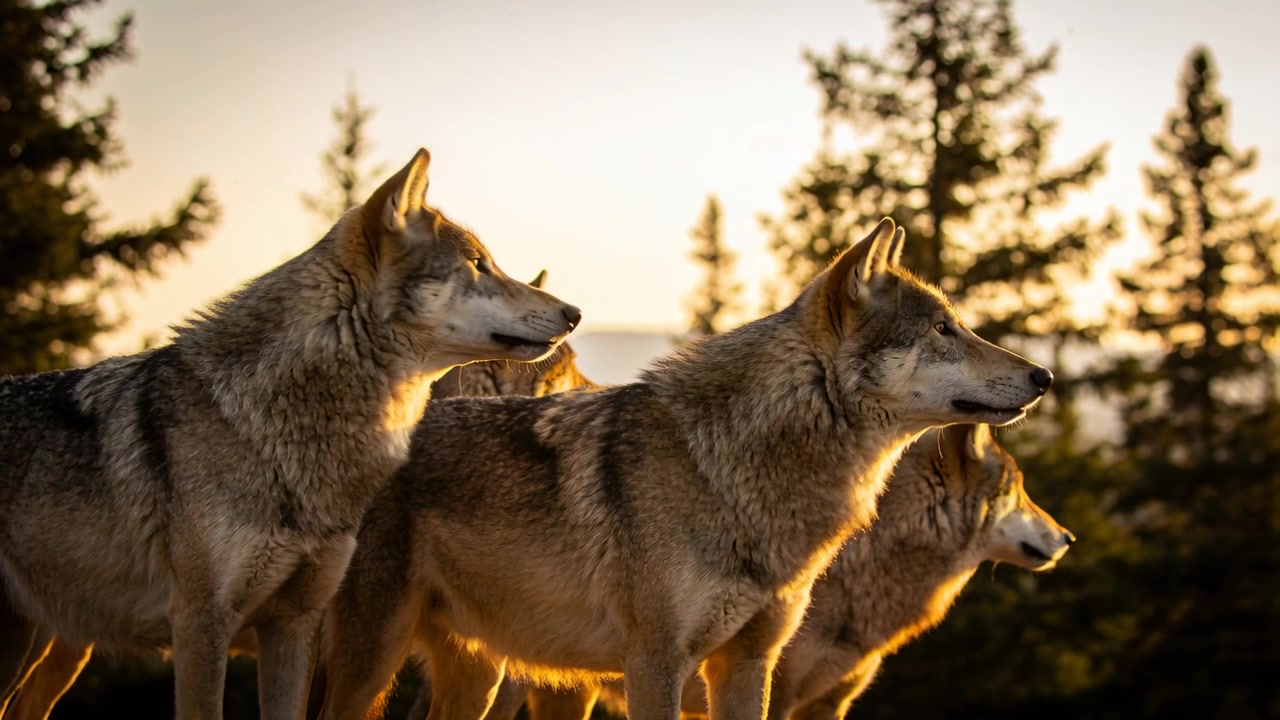 Howling four wolves lowering heads and turning right on pine clearing, following low sun rim light