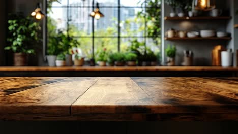 Chic kitchen with wood counter and plants. A modern kitchen boasts a polished wooden counter, lush plants, and bright light from large windows.