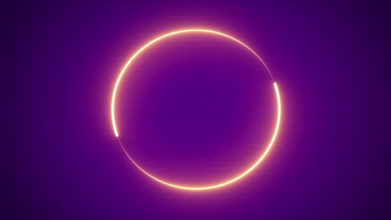 círculo de luz de neón color púrpura y amarillo abstracto fondo sin costuras pared de ladrillo púrpura