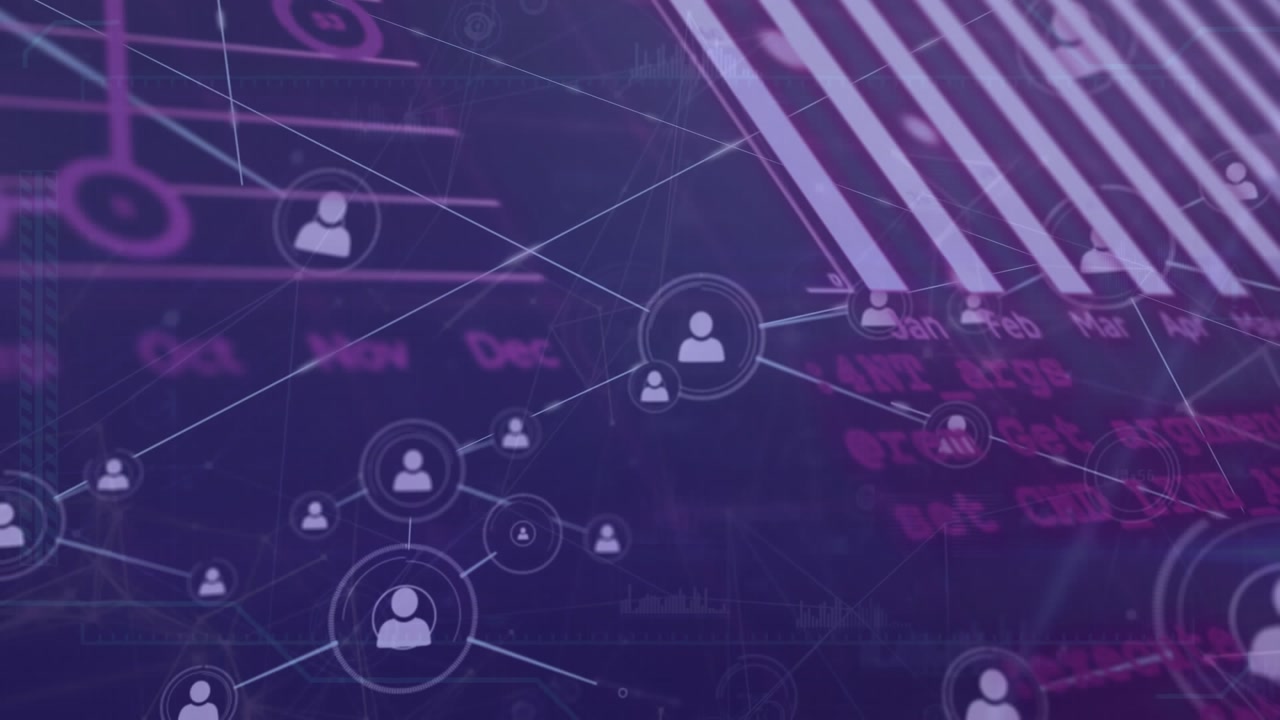 Animation of network of profile icons and statistical data processing against blue background