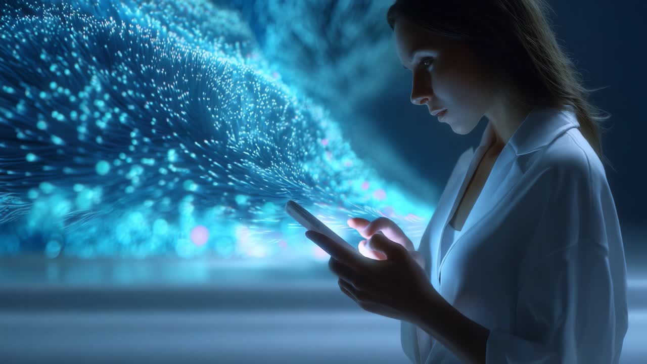 A woman in a white robe interacts with her mobile phone as she is surrounded by a mesmerizing display of glowing blue particles and abstract visuals, creating a captivating atmosphere of technology and connectivity