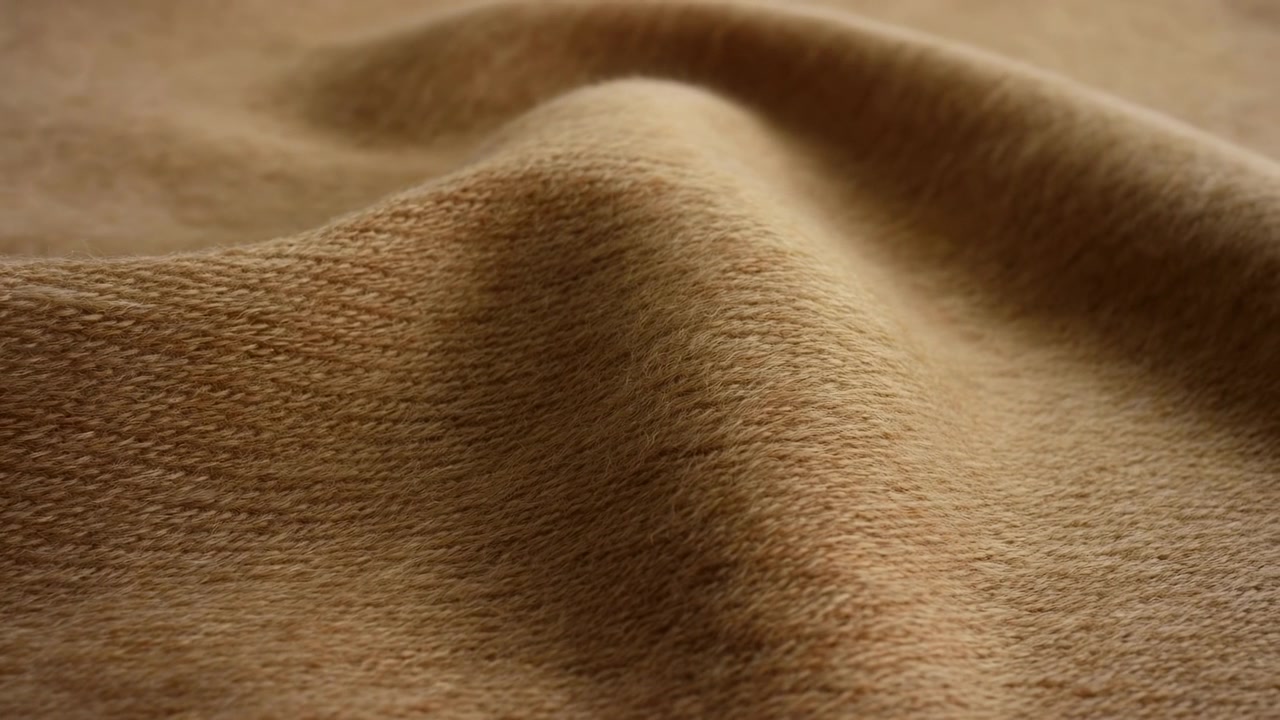 Primo piano di una piega di morbido tessuto in lana di cammello, texture calda e tattile con luce soffusa da studio e ombre delicate.