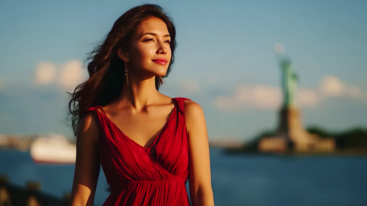 A Woman in a Red Dress Stands Beautifully Against the Backdrop of the Iconic Statue of Liberty, Exuding Confidence and Serenity by the Water's Edge