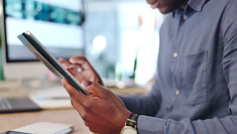 tablet, business and hands of black man in office