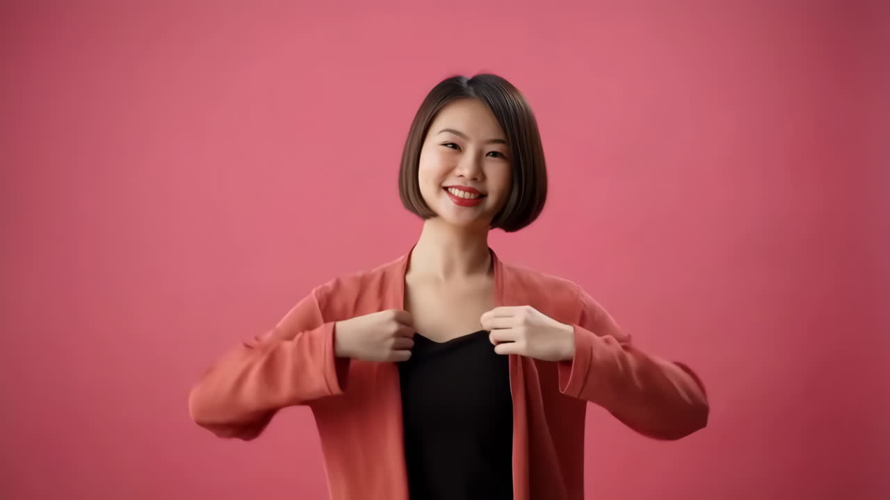 Happy Young Asian Woman Expressing Joy and Success on Pink Background