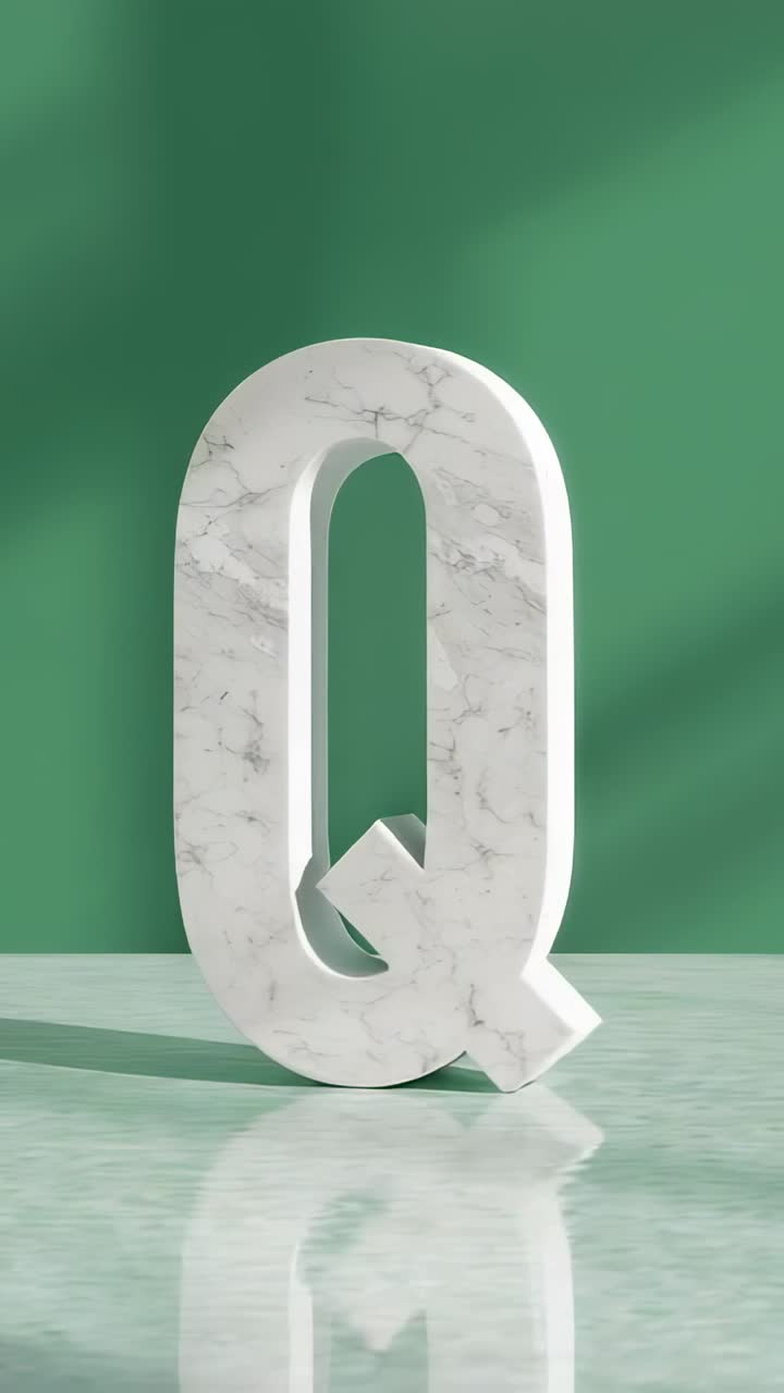 Vertical video: Starting marble letter Q rotating on table in studio emphasizing thickness