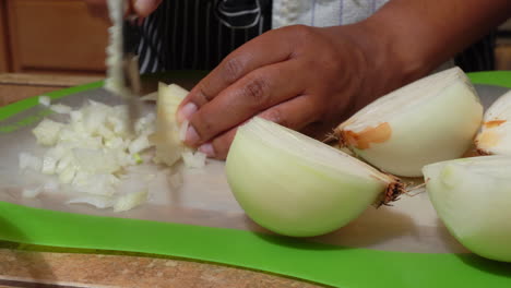 black woman chopping white onions, close up slider right