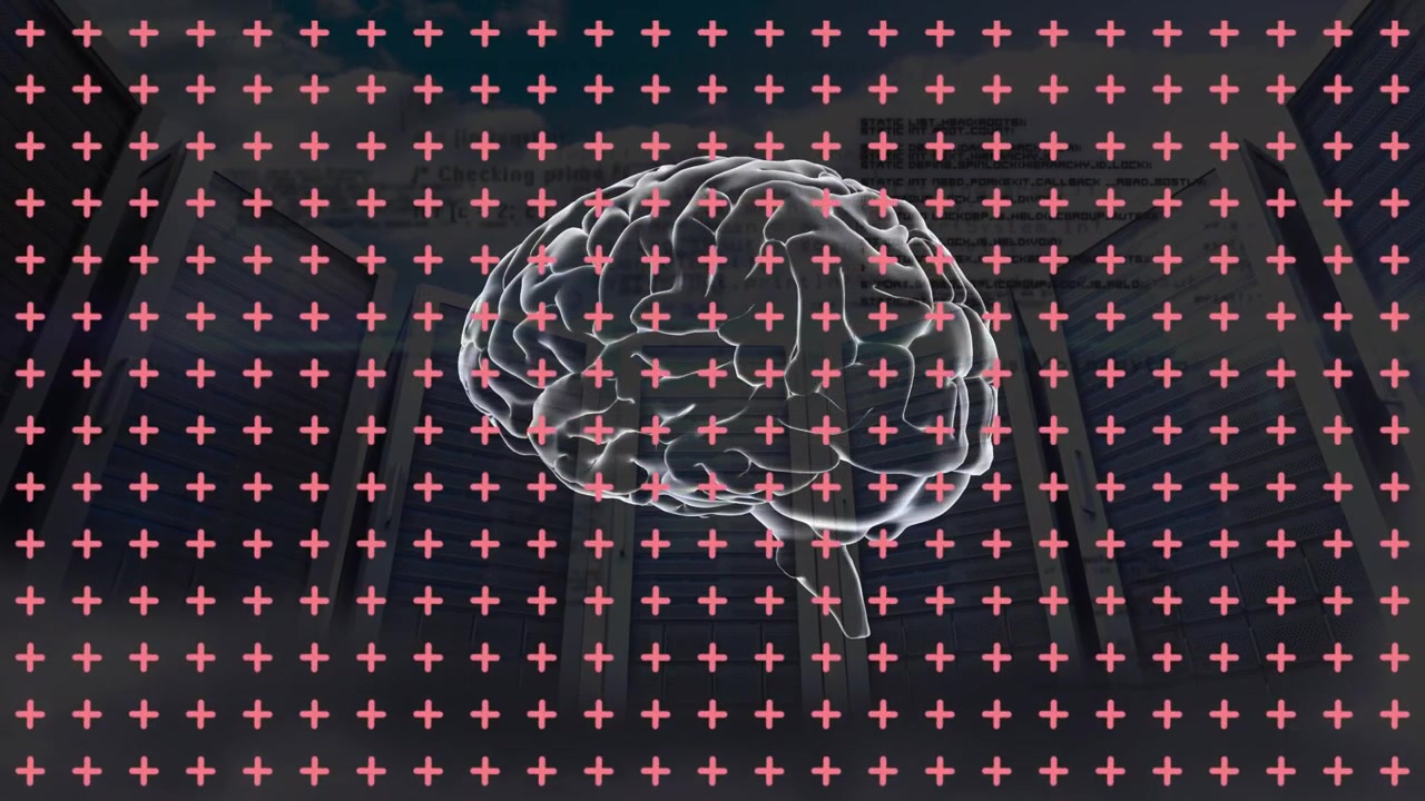 Animation of multiple crosses and human brain over server room