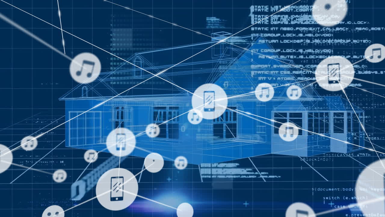 연결된 아이콘과 컴퓨터 언어의 애니메이션 3d 모형의 집