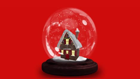 Animation-of-house-in-snow-globe-over-red-background