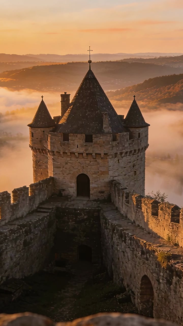 Vertical video: Central stone tower clearing, camera pushing, sunrise revealing fog for travel