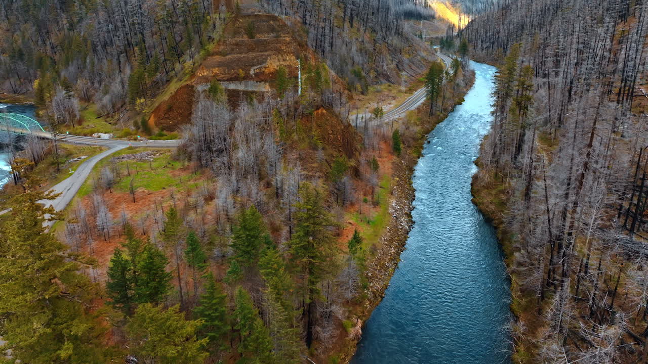 Bridges above the narrow mountainous rivers. Mighty rocks are covered with dry trunks of pine trees. Top view.