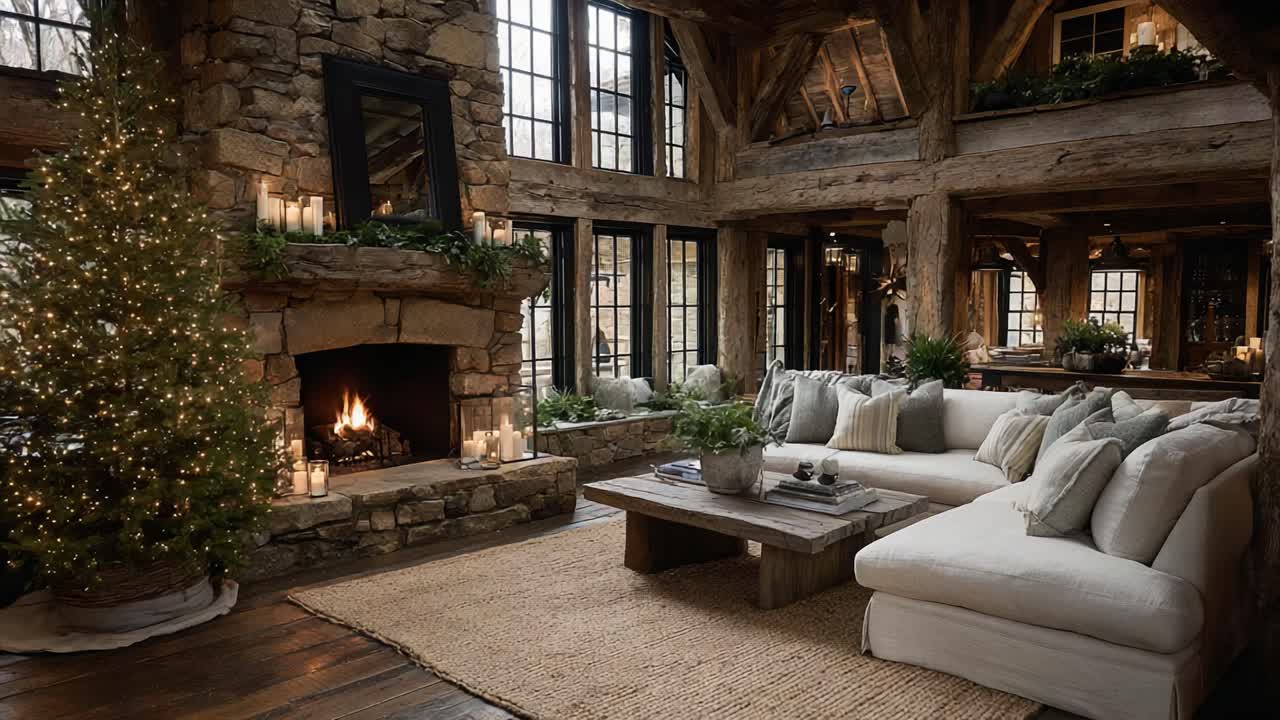 Cozy Winter Retreat: A Warm and Inviting Living Room Decorated for the Holiday Season with Stone Fireplace, Plush Seating, and Beautiful Tree