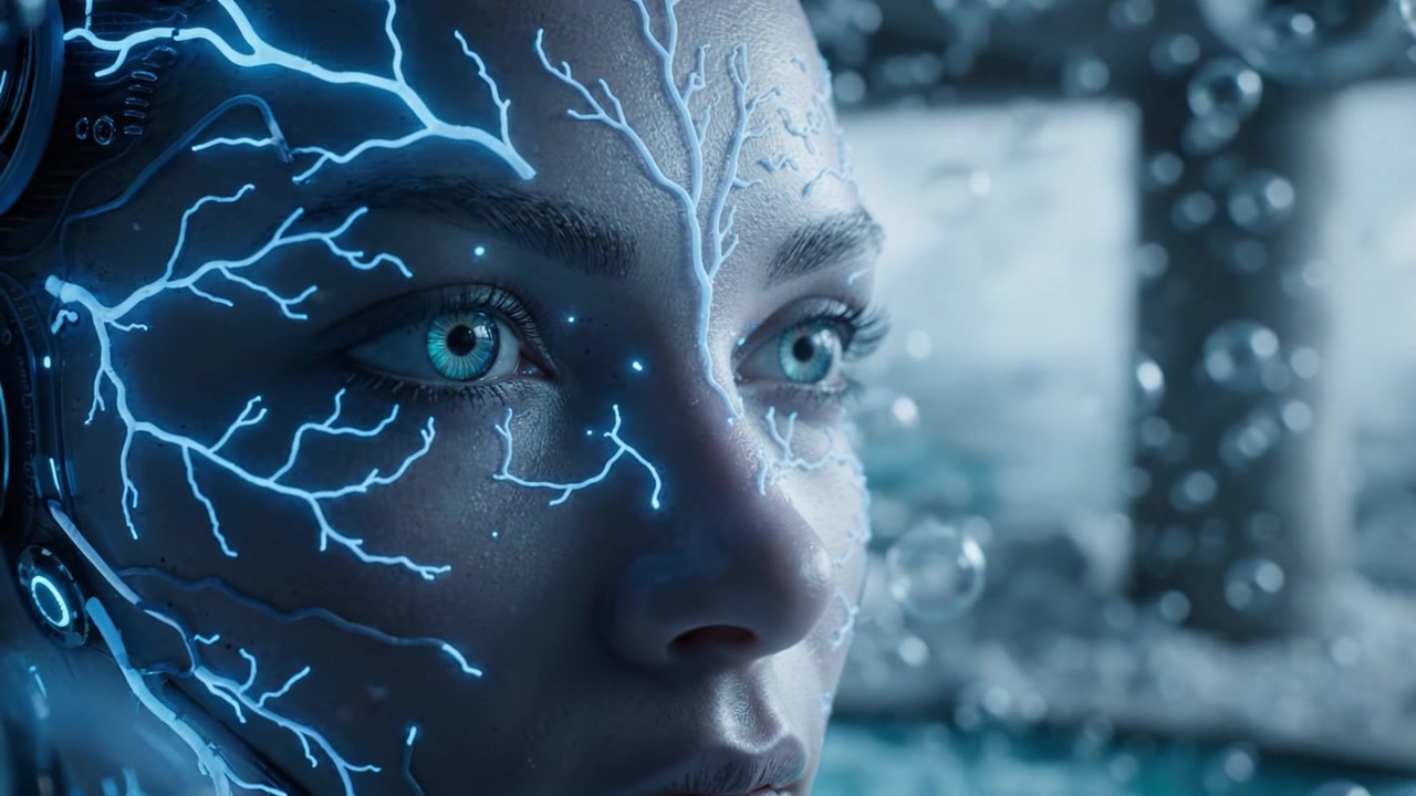 Un primo piano accattivante del volto di una donna illuminato da una luce blu scintillante tra le bolle, che evoca un senso di meraviglia mentre è immersa in uno sfondo acquatico.
